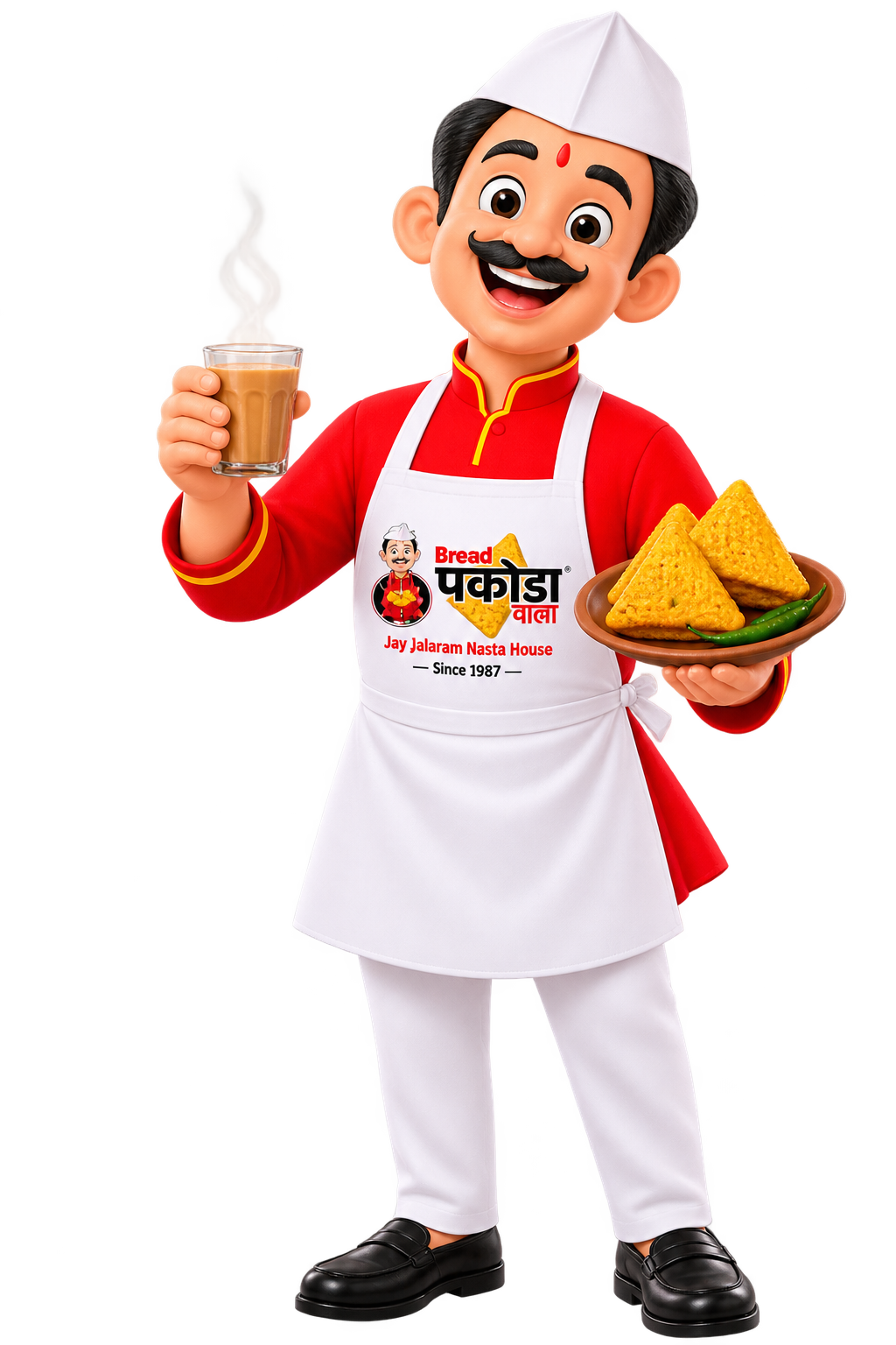 Bread Pakodawala mascot serving hot chai and crispy Bread Pakoda