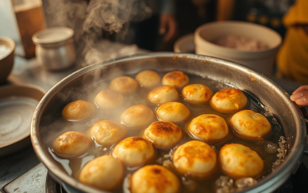 Bread pakoda frying in a hot kadhai