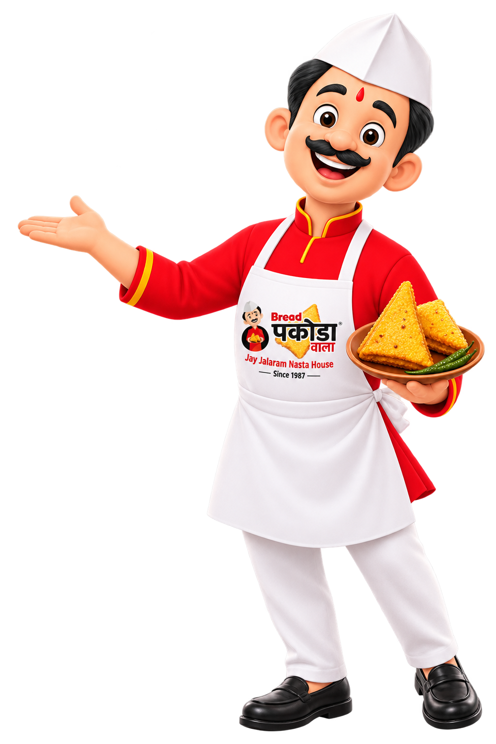 Bread Pakodawala mascot holding a plate of hot bread pakoda